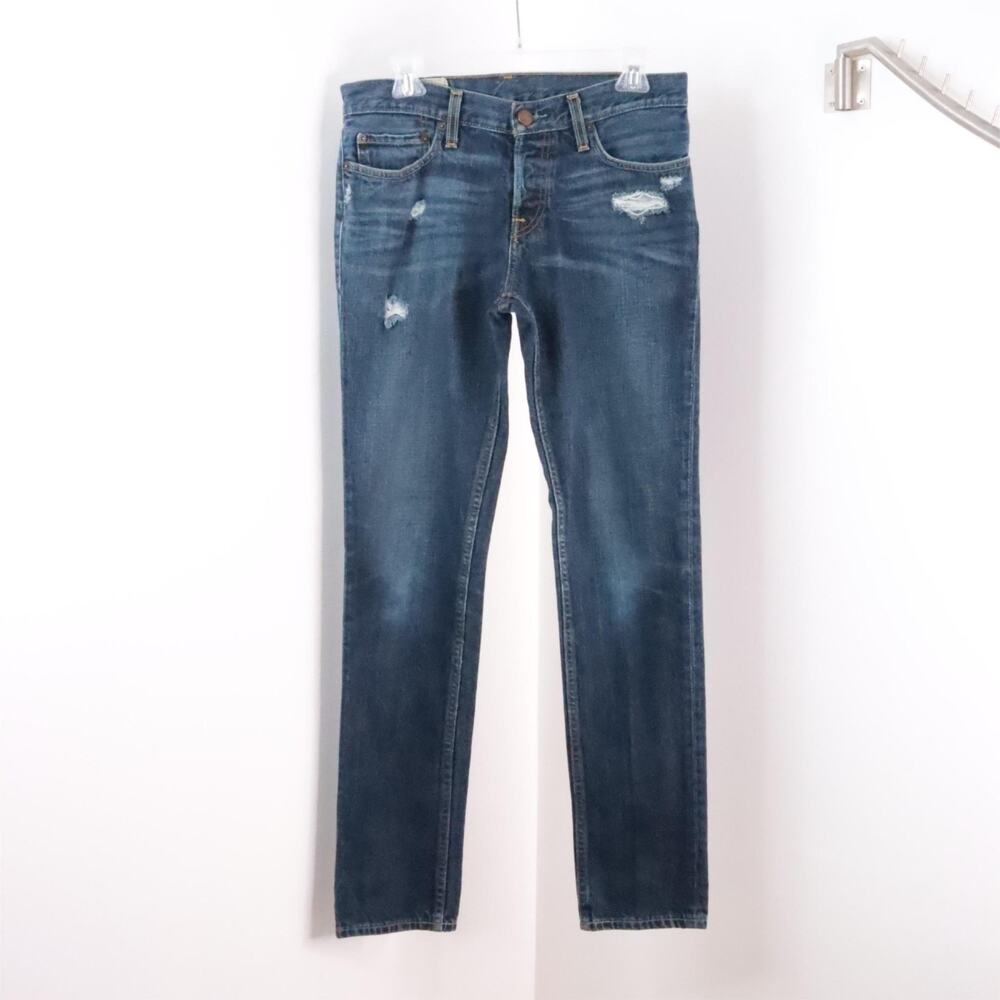 Hollister Men's 30 x 32 Dark Stone Wash Distressed Skinny Leg Denim Blue Jeans
